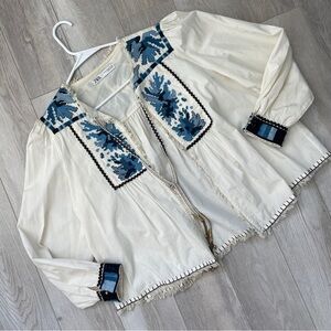 Zara Embroidered Jacket open tie boxy womens Cream xlarge boho folk cottagecore